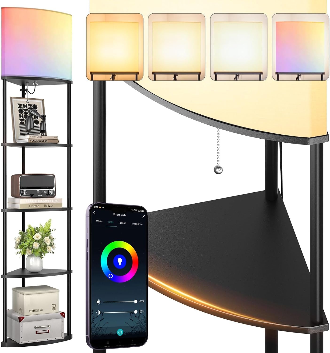 5-Tier Corner Shelf Floor Lamp with Type C, USB Port & 1 Power Outlet and 3CCT LED Bulb, Modern Display Lamp for Narrow Corner Bookshelf Lamp for Living Room, Bedroom, Office - Black