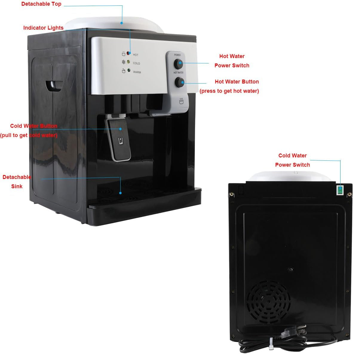 Top Loading Water Cooler Water Dispenser Countertop Water Cooler Dispenser- Hot Cold and Room Temperature Water, Holds 1.2 to 5 Gallon Bottles for Home/Office/Dormitory Use